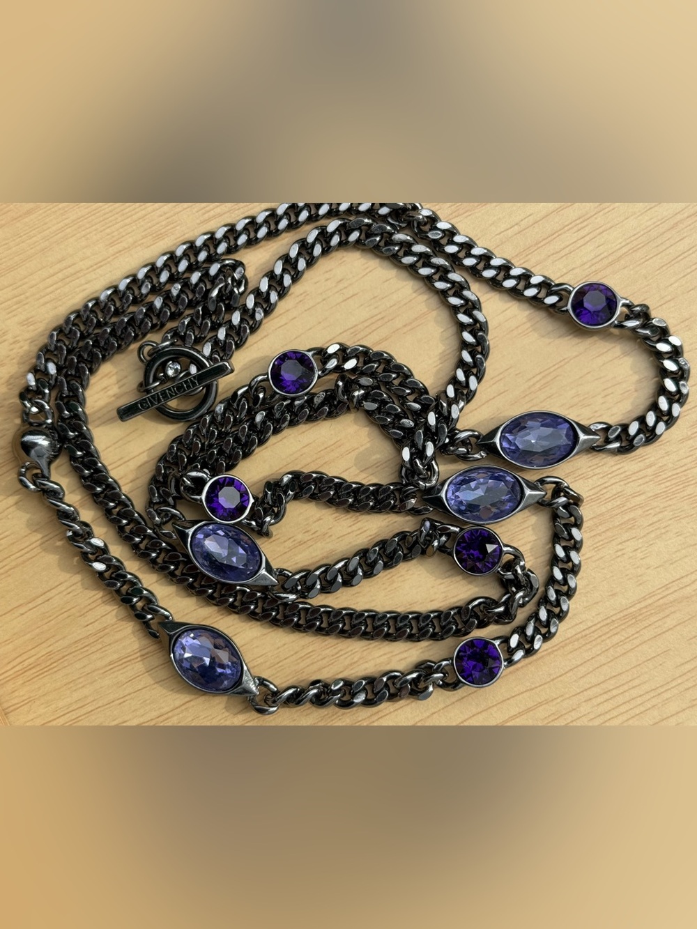 Vintage Y2K Givenchy Chunky Purple Rhinestone and Gun Metal Station Necklace